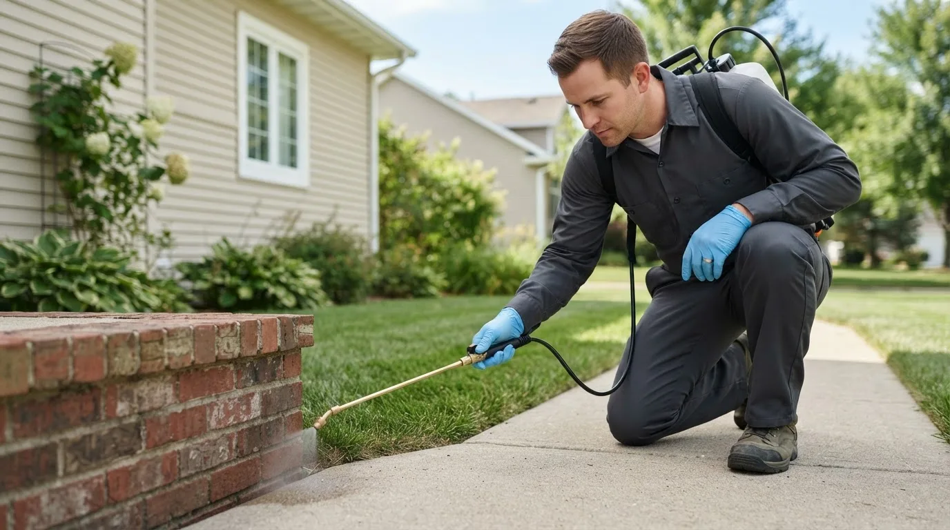 Pest control technician treating a home near Patricksburg, IN